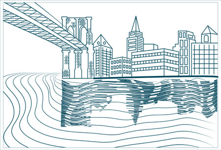 Contour urban area landscape near river with silhouettes of buildings and bridge drawing on transparent backgroundのイラスト素材