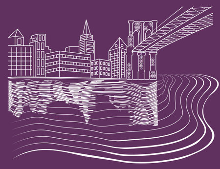 Night contour urban area landscape near river with silhouettes of buildings and bridge drawing on transparent backgroundのイラスト素材