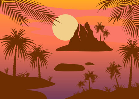 Silhouette styled landscape scenery with tropical beach palm trees and volcano islandのイラスト素材