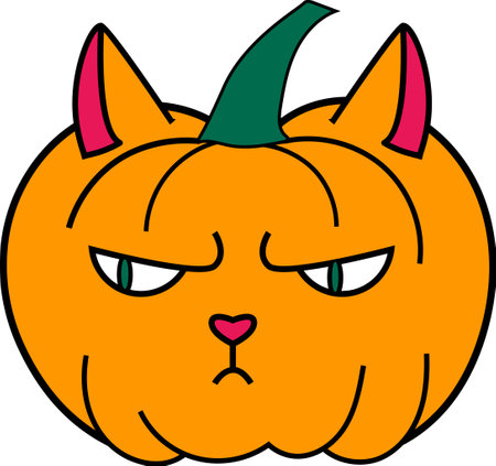 Halloween jack o lantern in shape of animal character grumpy fat cat drawing in flat styleのイラスト素材