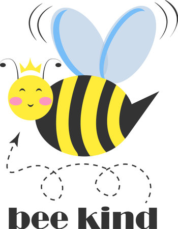 Flat illustration bee princess character with coronet and typography Bee Kind isolated on transparent backgroundのイラスト素材
