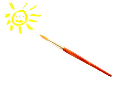 Smilling sun and small brush on white backgroundの写真素材