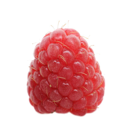 One fresh raspberry on white background. Shallow depth of field.