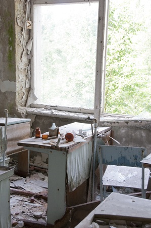 Chernobyl disaster results. This is chemistry classroom in abandoned school in small city Pripyat (about 5 kilometers form the Chernobyl nuclear station).の写真素材