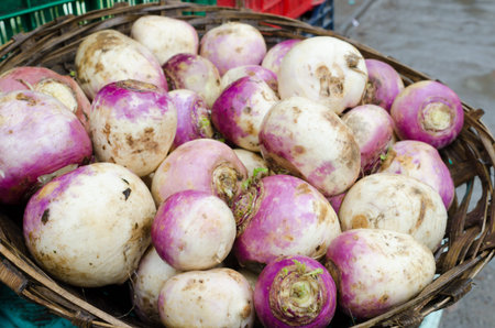 Turnips on a market in a backet, shallow depth of field, focus on the front vegetables
