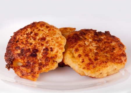 Cottage cheese pancake closeup on the white plateの写真素材