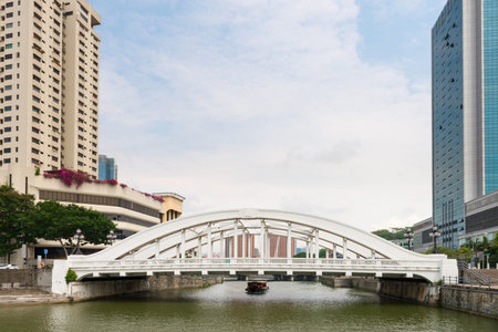 Skyline of Singapore financial district framing white Elgin Bridge and the Singapore River の写真素材