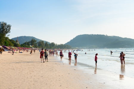 PHUKET, THAILAND - Jan 28: Crowded Patong beach with tourists on Jan 28, 2013 in Phuket, Thailand. Phuket is a famous winter destination for thousands of tourists. のeditorial素材