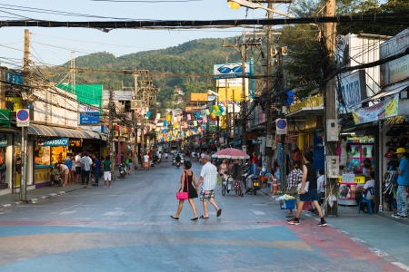PHUKET, THAILAND - Jan 28: Patong Bangla road with tourists and barkers at day on Jan 28, 2013 in Phuket, Thailand. Bangla road is a famous tourists place with bars and discos. のeditorial素材