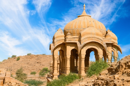 Chhatris on ruins of the royal cenotaphs of ancient Maharajas rulers in Bada Bagh, also called Barabagh (literally Big Garden), Jaisalmer, Indiaの写真素材
