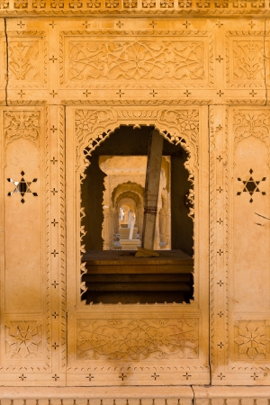 Floral classical Rajasthan ornament and arches on ruins of Bada Bagh, Jaisalmer, Indiaの写真素材