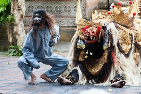 BALI - SEP 21: Barong and Kris Dance performs at Sahadewah, in Batubulan, Bali, Indonesia on Sep 21, 2012. This famous play represents an fight between good and bad gods.のeditorial素材
