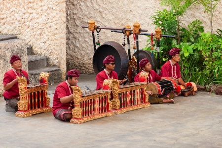 BALI, INDONESIA - SEP 13: Musicians in the traditional Balinese performance in Garuda Wisnu Kencana Cultural Park (GWK) on Sep 13, 2012  in Bali, Indonesia. GWK is a popular tourist attraction on Bali.のeditorial素材