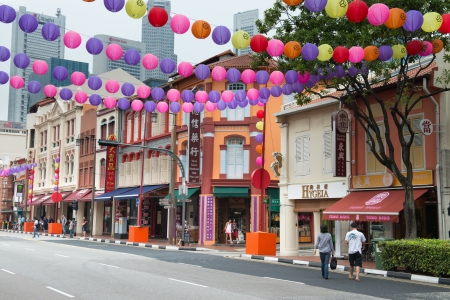 SINGAPORE - SEP 08: Chinatown street is decorated with colourful paper lanterns for Mid-Autumn festival on Sep 08, 2013 in Singapore. It is a traditional Chinese harvest celebration.のeditorial素材