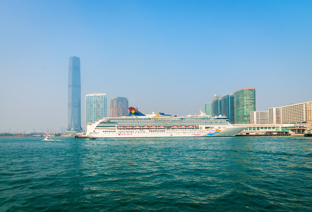 HONG KONG CHINA  18 JAN 2015: A luxury cruise liner the Superstar Virgo from Star Cruises moored and waiting for passengers at the central pier in Kowloon.のeditorial素材