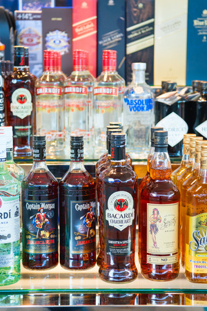 PHUKET, THAILAND - 21 MAR 2017: Shelves of alcohol drinks in duty free shop in Phuket International airportのeditorial素材