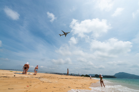 PHUKET, THAILAND - 11 APR 2016: Spotting on Mai Khao beach near Phuket airport.のeditorial素材