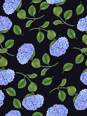 Seamless floral pattern with blue Hydrangea flower vintage botanical illustrationの写真素材