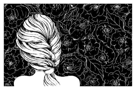 Beautiful girl with braid hairstyle and peony flowers vintageのイラスト素材