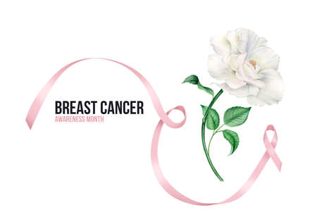 Breast Cancer poster template with pink ribbon and white roseの写真素材
