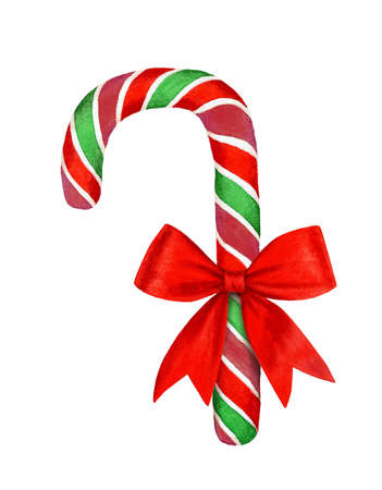 Striped candy cane with a bow watercolor illustrationの写真素材