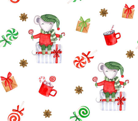 Vintage seamless patterhn with Mouse character, gifts and sweets watercolor illustrationの写真素材