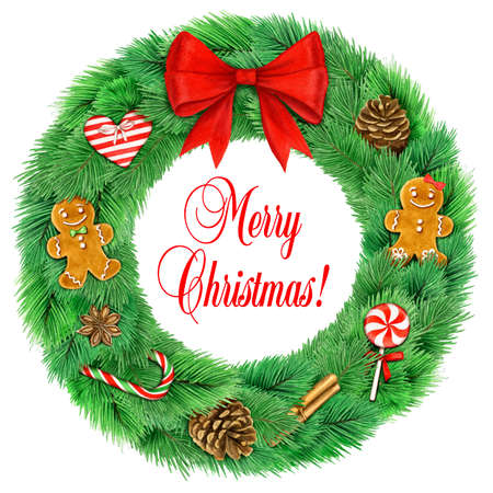 Realistic vintage Christmas wreath with decorationsの写真素材