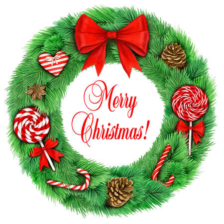 Realistic watercolor Christmas wreath with big red bow and sweetsの写真素材