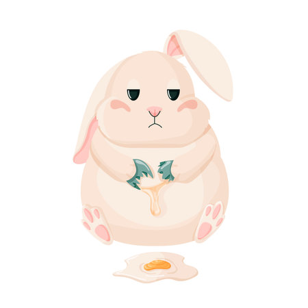 Spring easter bunny. Easter bunny sitting with a broken egg.のイラスト素材