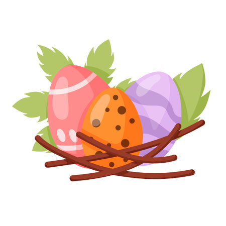 Sspring easter eggs in nest. Nest with eggs cartoon on white background. Cute Easter nest with eggs, vector design.のイラスト素材