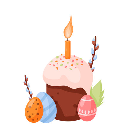 Easter pie with colorful eggs. Easter cake, eggs and willow twigs. Easter cake in cartoon style isolated on a white background.のイラスト素材