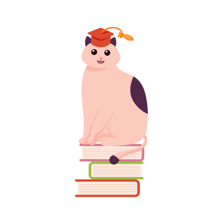 Cat sitting on books flat vector illustration. Domestic animal simple cartoon style illustration for graphic design.のイラスト素材