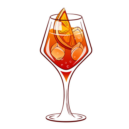 spritz cocktail in glass with ice and slice of orange. Summer Italian aperitif. Retro illustration for bar menu. Vector illustration on a white background.のイラスト素材