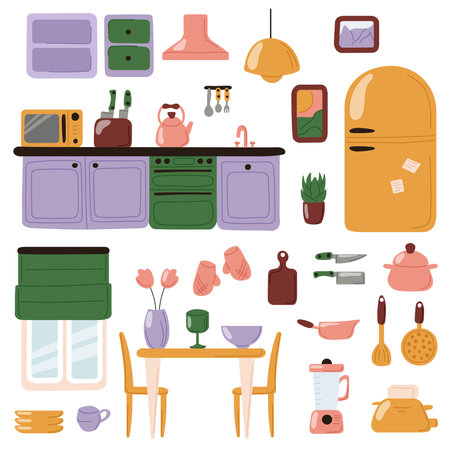 Interior of kitchen, furniture composition set and accessories for design. Equipment elements for kitchen cooking vector illustration in flat hand drawn style. Isolated on a white background.のイラスト素材