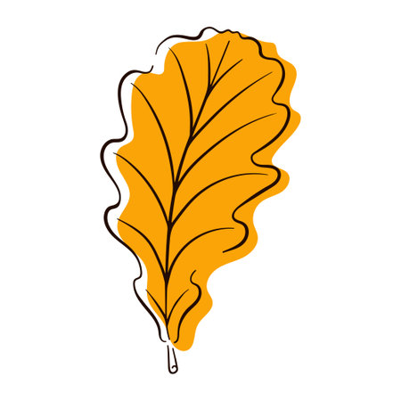 Abstract oak leaf in line art, flat style. Minimalistic art in yellow color. Design element for icon, posters, stickers and invitations. Vector illustration isolated on a white background.のイラスト素材