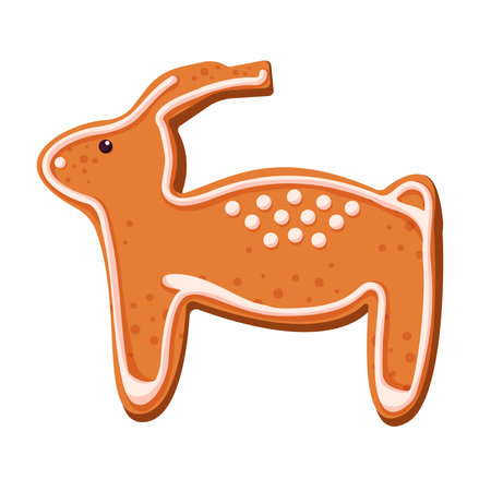 Gingerbread cookie deer in cartoon style. New Year and Christmas winter homemade sweets. Traditional sweet xmas biscuits. Vector illustration isolated on a white background.のイラスト素材