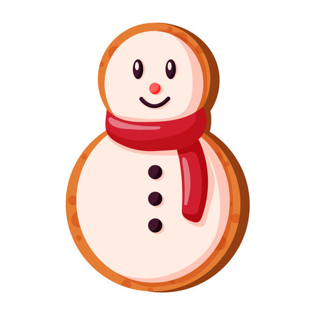 Gingerbread Snowman cookie for Christmas in cartoon style. Sweet painted homemade cookies for winter holidays. Vector illustration isolated on a white background.のイラスト素材