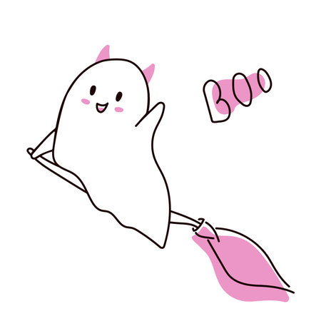 Halloween Ghost with Flying Broom in doodle style. Vector illustration isolated on a white background.のイラスト素材