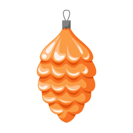 Christmas tree toy in the shape of a pine cone. Classic festive gold bright decor. Cartoon style. Vector illustration isolated on a white background.のイラスト素材
