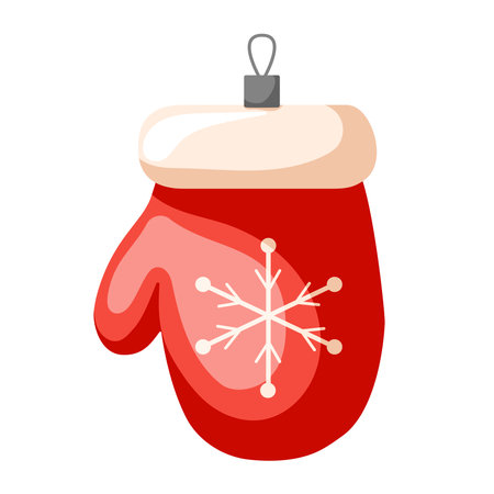 Christmas tree decoration in a shape of mitten with snowflake. Cartoon style, Vector illustration isolated on a white background.のイラスト素材