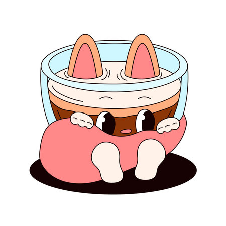 Groovy drink character with cats ears and tail. Cartoon retro style. Cup of coffee. Vector illustration isolated on a white background.のイラスト素材
