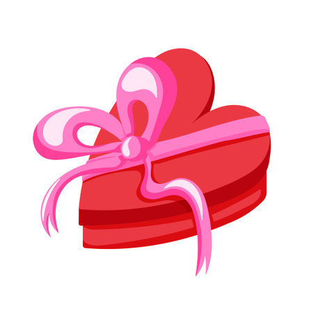 Red gift box in the shape of a heart in cartoon style. Present box with the pink bow. Vector illustration isolated on a white background.のイラスト素材