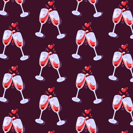 Wine glasses seamless pattern in cartoon style. Vector illustration with clinking glasses and hearts. Background with glasses for textiles, wrapping paper, print.のイラスト素材