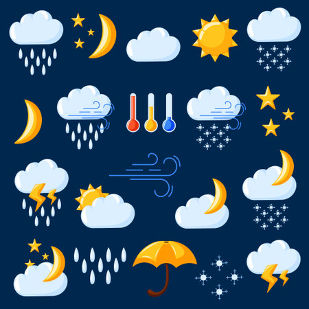 Weather symbols in cartoon style. Elements for weather forecast. Thunderstorm, lightning, rain, showers, cloud, drops, wind, cold and warm thermometer. Vector illustration isolated.のイラスト素材
