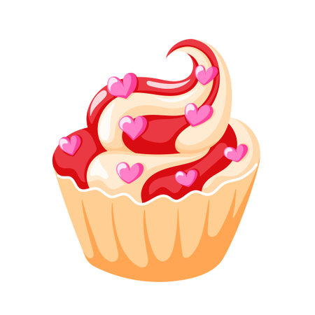 Muffin with pink candy in shape of heart. Flat style cupcake. Vector illustration isolated on a white background.のイラスト素材