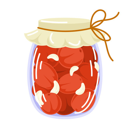 Glass jar of preserved tomatoes and garlic in flat style. Can of pickled tomatoes. Grocery conserve container. Vector illustration isolated on a white background.のイラスト素材
