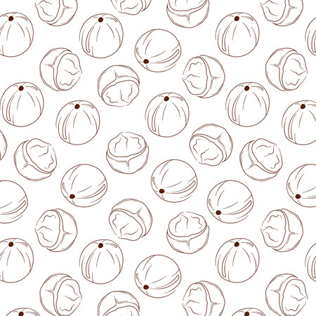 Macadamia seamless pattern in line art style. Nuts design for package, merch, wallpaper, menu. Vector illustration isolated on a white background.のイラスト素材