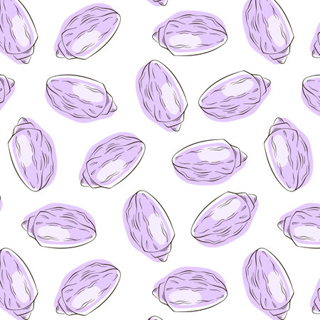 Seashell seamless pattern in line art style. Undersea summer design for textile, package, sea food restaurant. Vector illustration on a white background.のイラスト素材