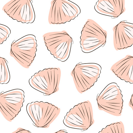 Scallop seamless pattern in line art style. Undersea background design of seashell. Vector illustration on a white background.のイラスト素材