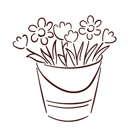 Bucket with spring daisy and tulip flowers in line art style. Vector illustration isolated on a white background.のイラスト素材